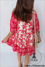 Red Collared V Neck Half Sleeve Loose Flower Mini Dress