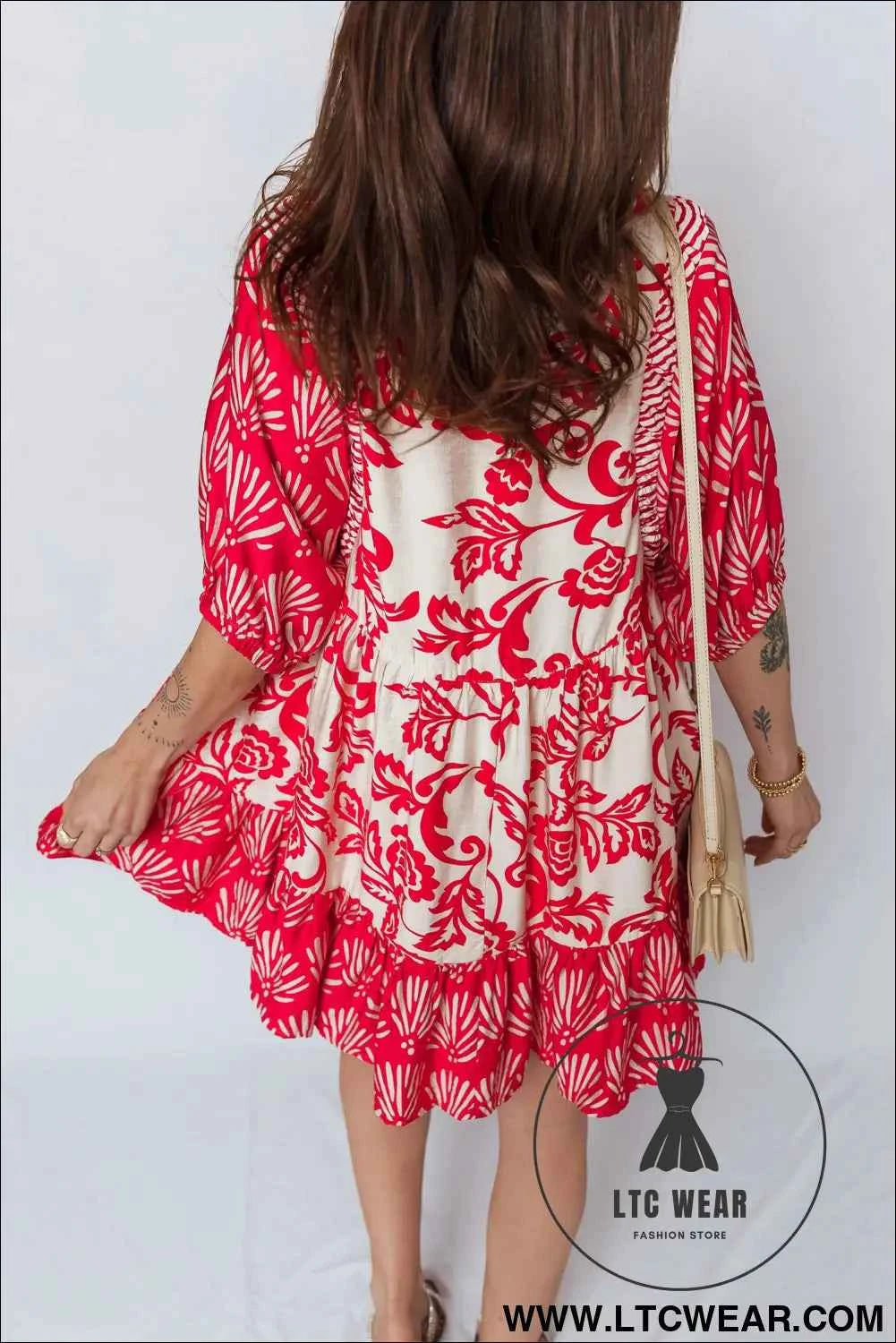 Red Collared V Neck Half Sleeve Loose Flower Mini Dress