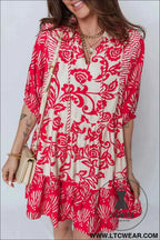 Red Collared V Neck Half Sleeve Loose Flower Mini Dress