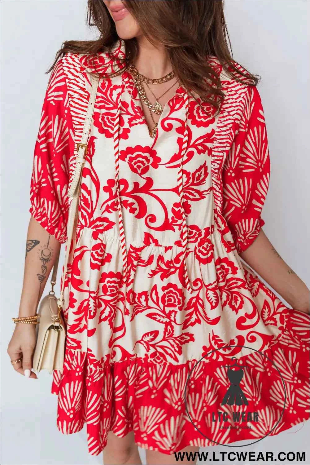 Red Collared V Neck Half Sleeve Loose Flower Mini Dress