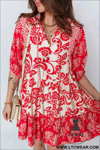 Red Collared V Neck Half Sleeve Loose Flower Mini Dress