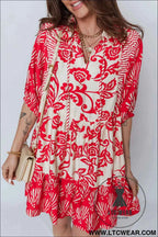 Red Collared V Neck Half Sleeve Loose Flower Mini Dress