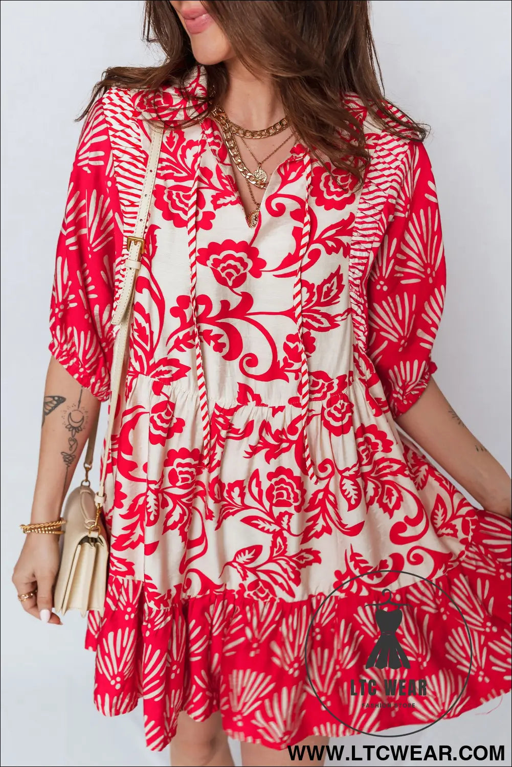 Red collared v neck half sleeve loose flower mini dress - red / l / 89% viscose + 11% polyamide - 30%