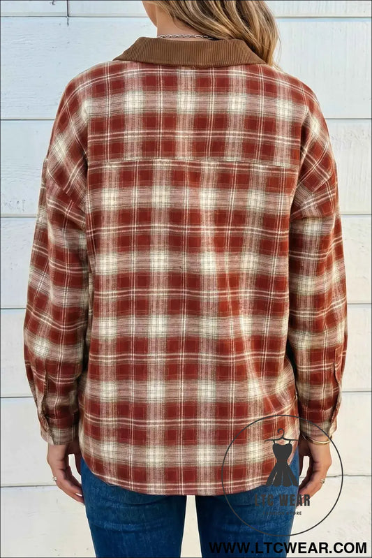Red Contrast Plaid Long Sleeve Button Down Shirt