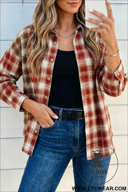 Red Contrast Plaid Long Sleeve Button Down Shirt