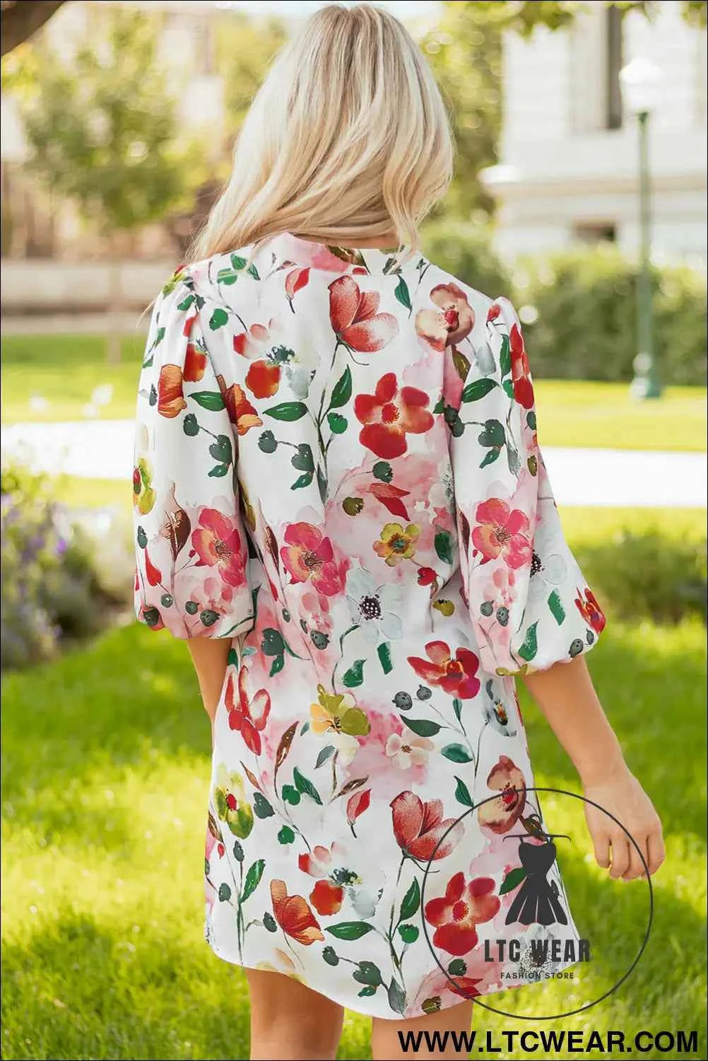 Red Floral V Neck Puff Sleeve Shift Dress