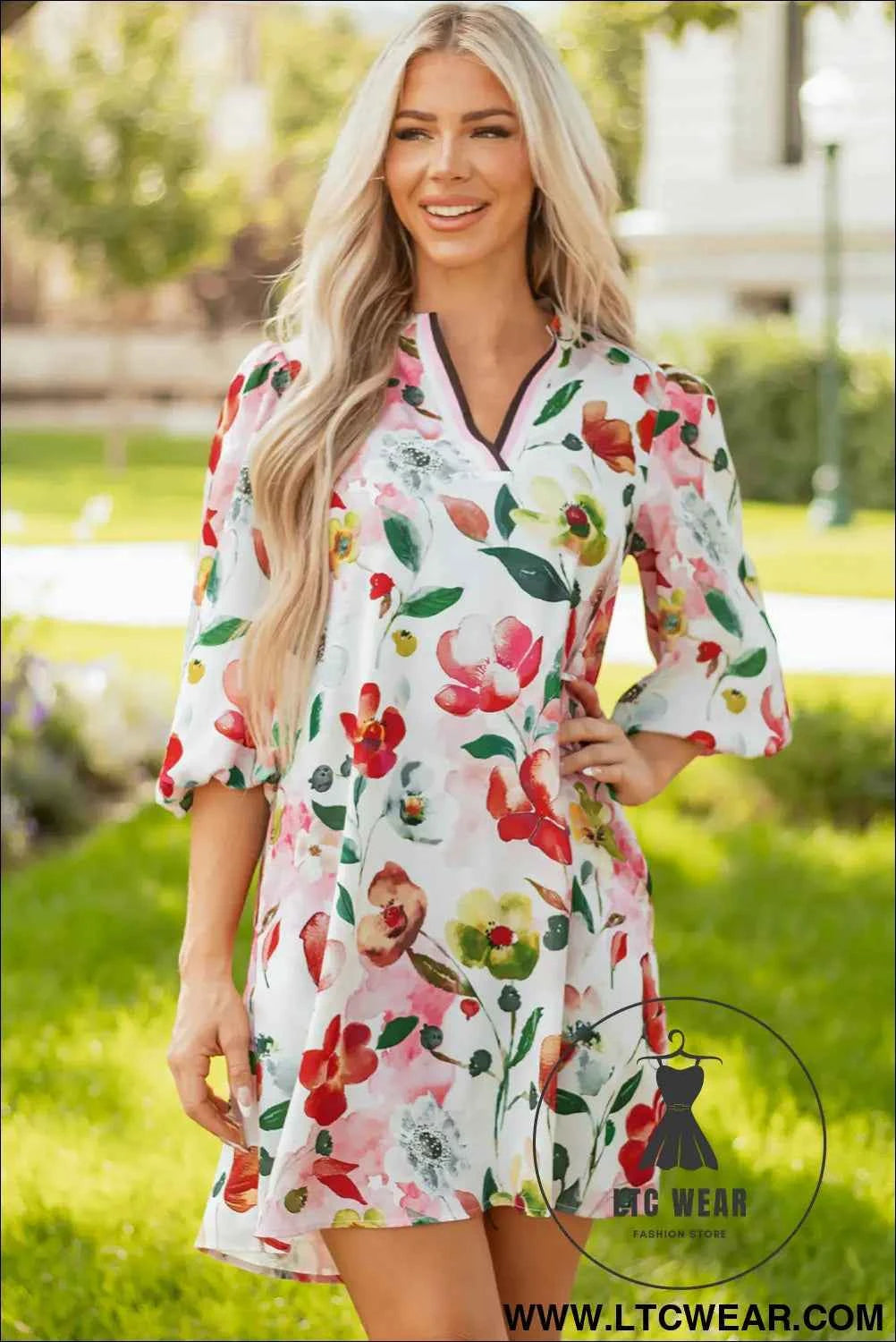 Red Floral V Neck Puff Sleeve Shift Dress