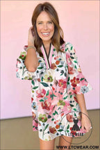 Red Floral V Neck Puff Sleeve Shift Dress