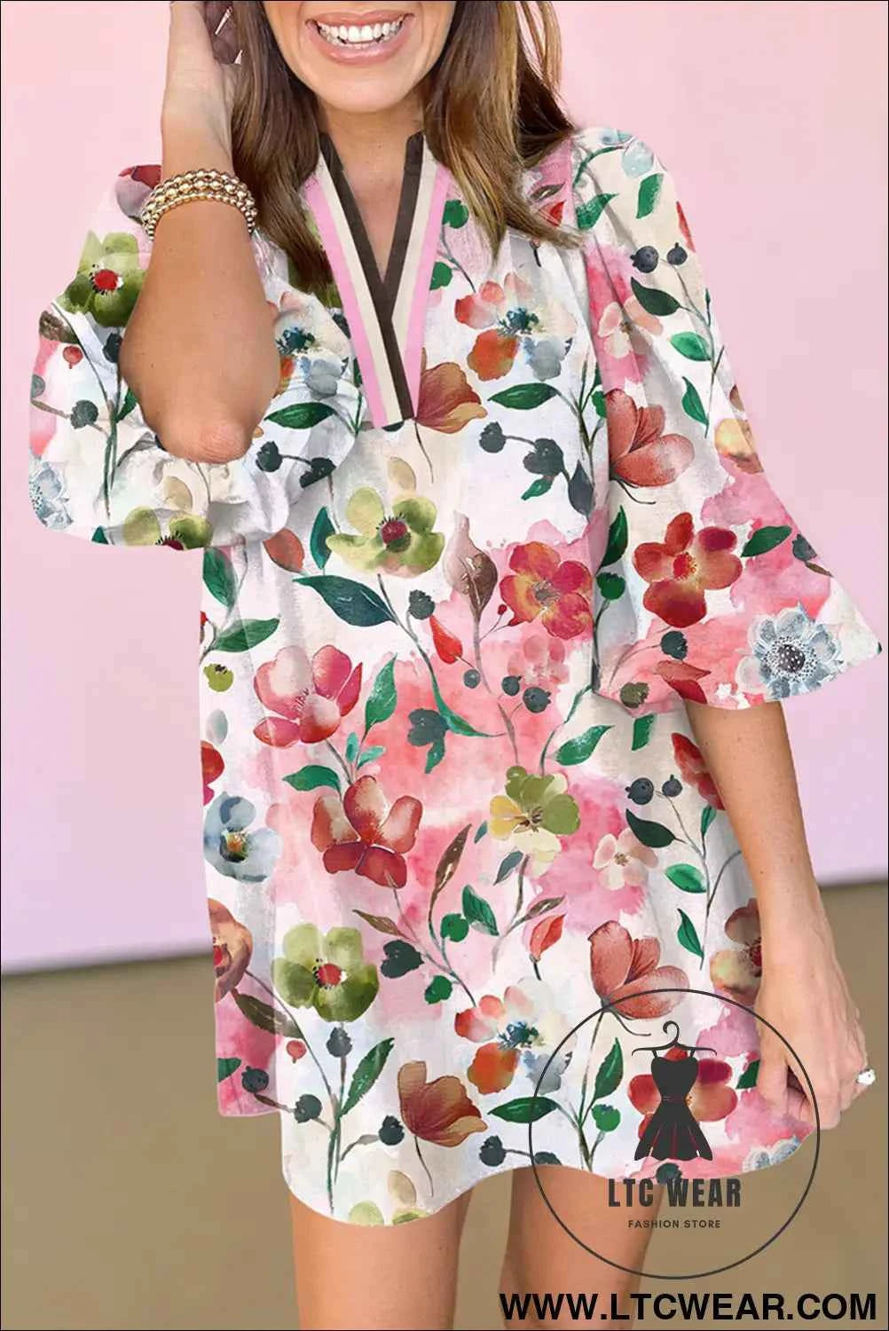 Red Floral V Neck Puff Sleeve Shift Dress