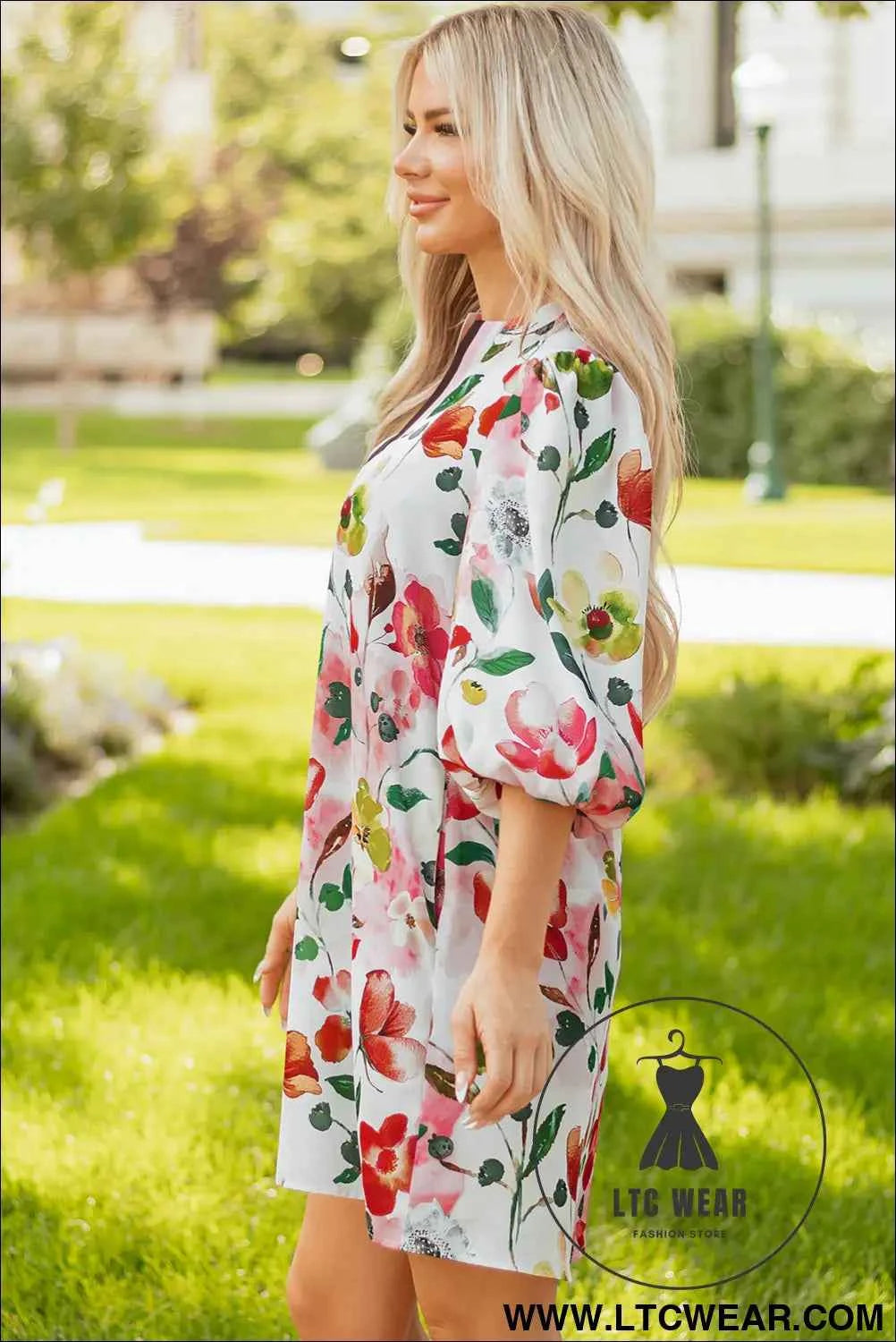 Red Floral V Neck Puff Sleeve Shift Dress