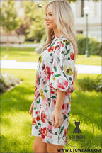 Red Floral V Neck Puff Sleeve Shift Dress