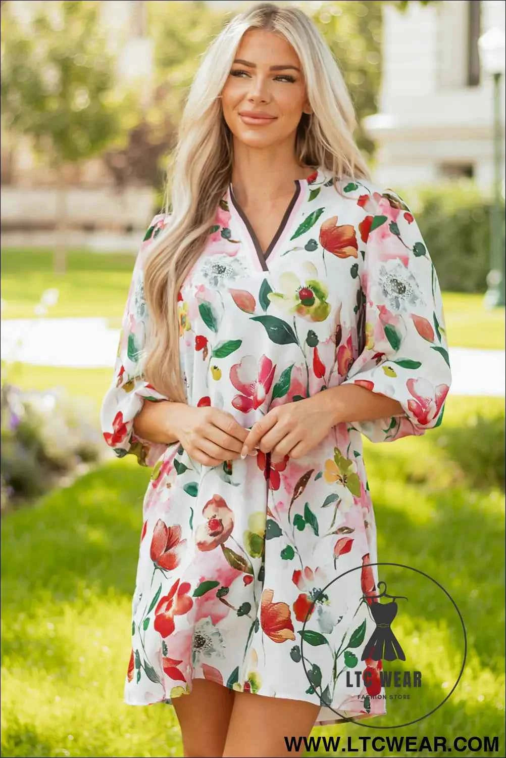 Red Floral V Neck Puff Sleeve Shift Dress