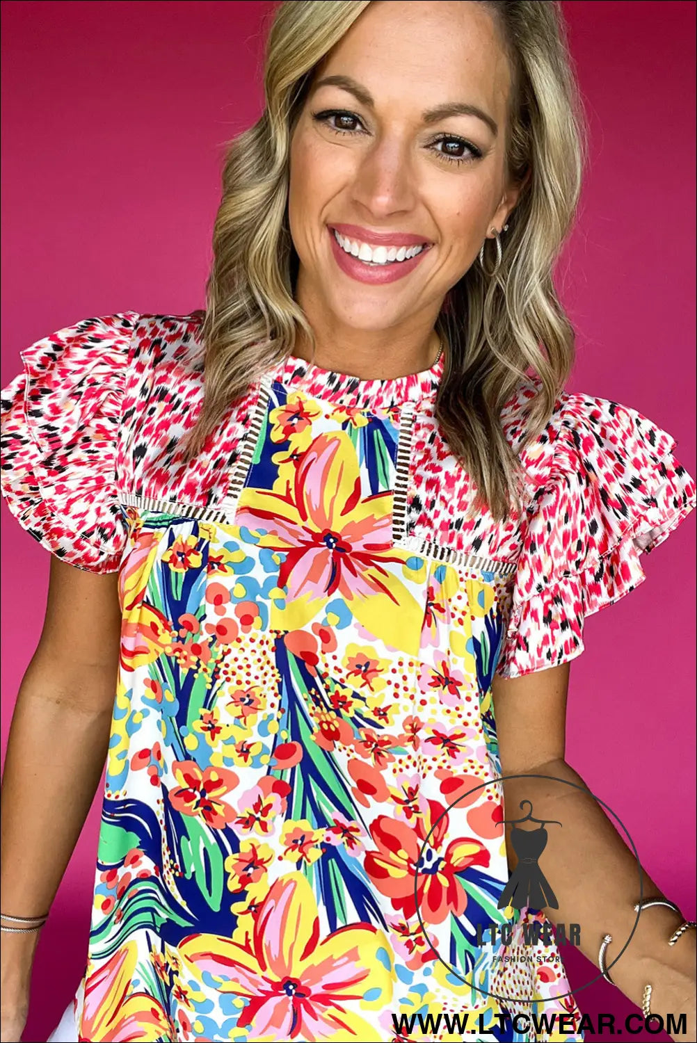Red Floral Mixed Print Ruffle Cap Sleeve Blouse - L.T.C Wear Online Fashion Store