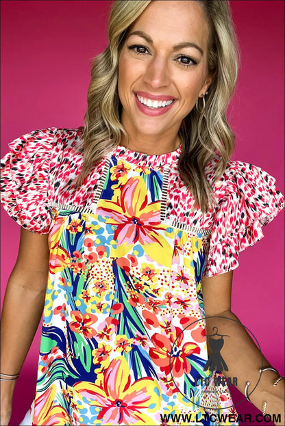 Red Floral Mixed Print Ruffle Cap Sleeve Blouse - L.T.C Wear Online Fashion Store