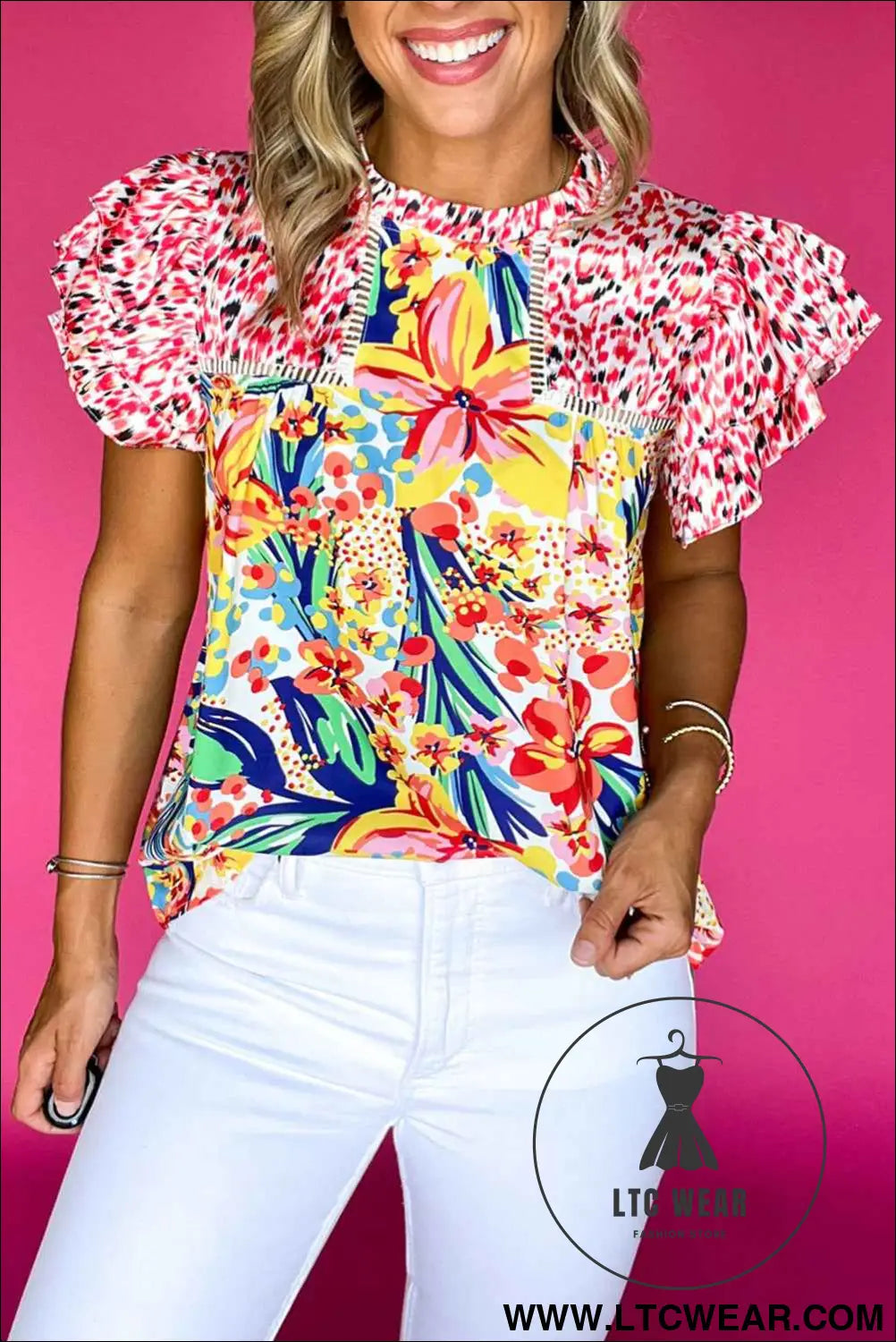 Red Floral Mixed Print Ruffle Cap Sleeve Blouse