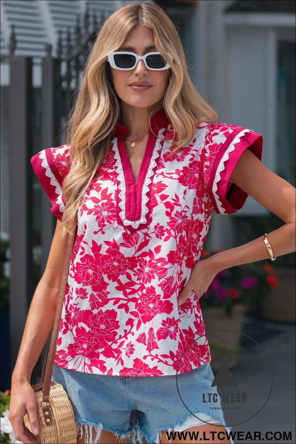 Red floral print color block trim lace detail v neck flutter sleeve blouse - blouses & shirts