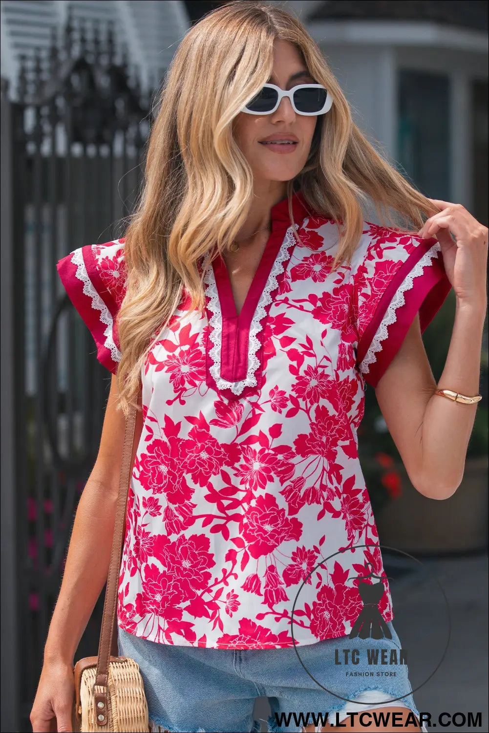 Red floral print color block trim lace detail v neck flutter sleeve blouse - blouses & shirts