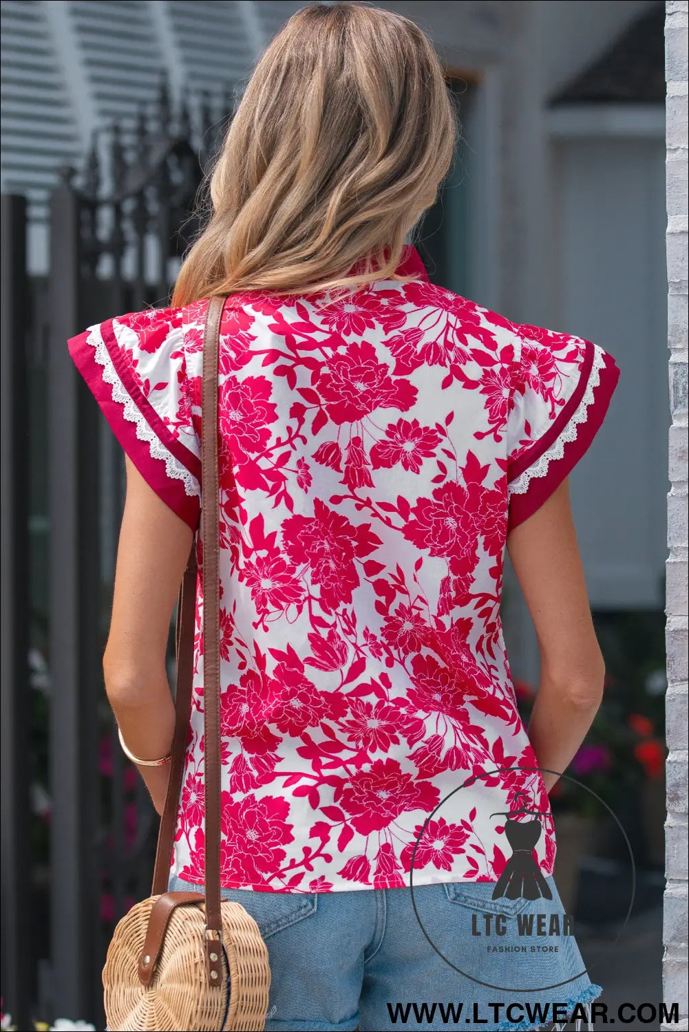 Red floral print color block trim lace detail v neck flutter sleeve blouse - blouses & shirts