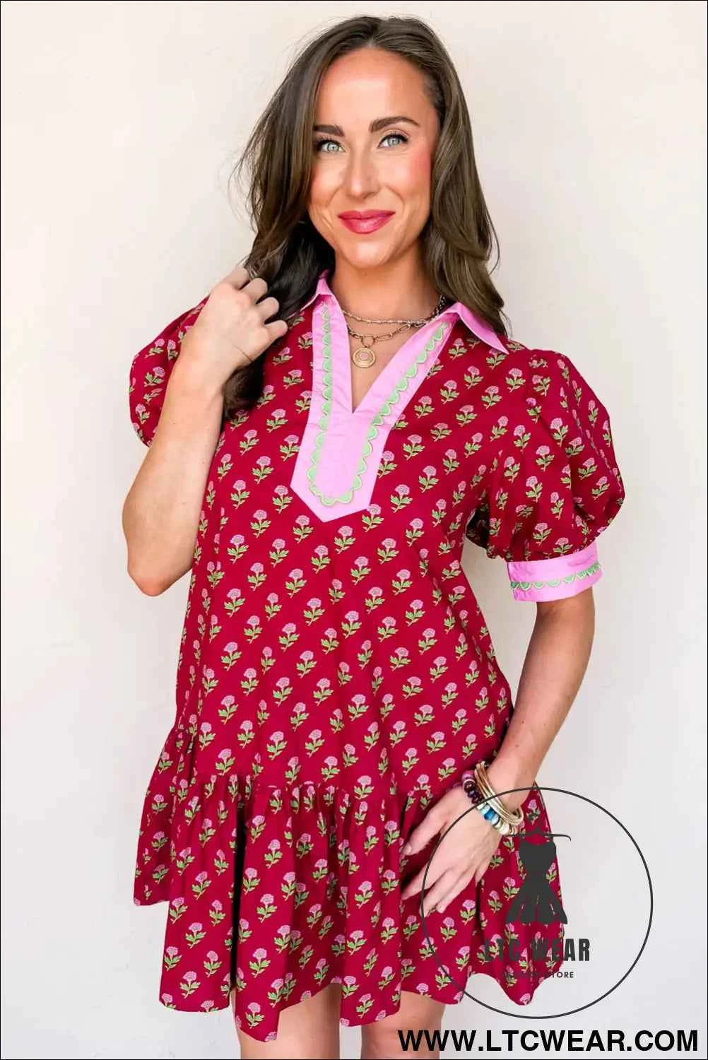 Red Floral Print Contrasted V Neck Short Bubble Sleeve Mini Dress