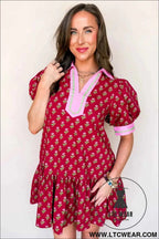 Red Floral Print Contrasted V Neck Short Bubble Sleeve Mini Dress
