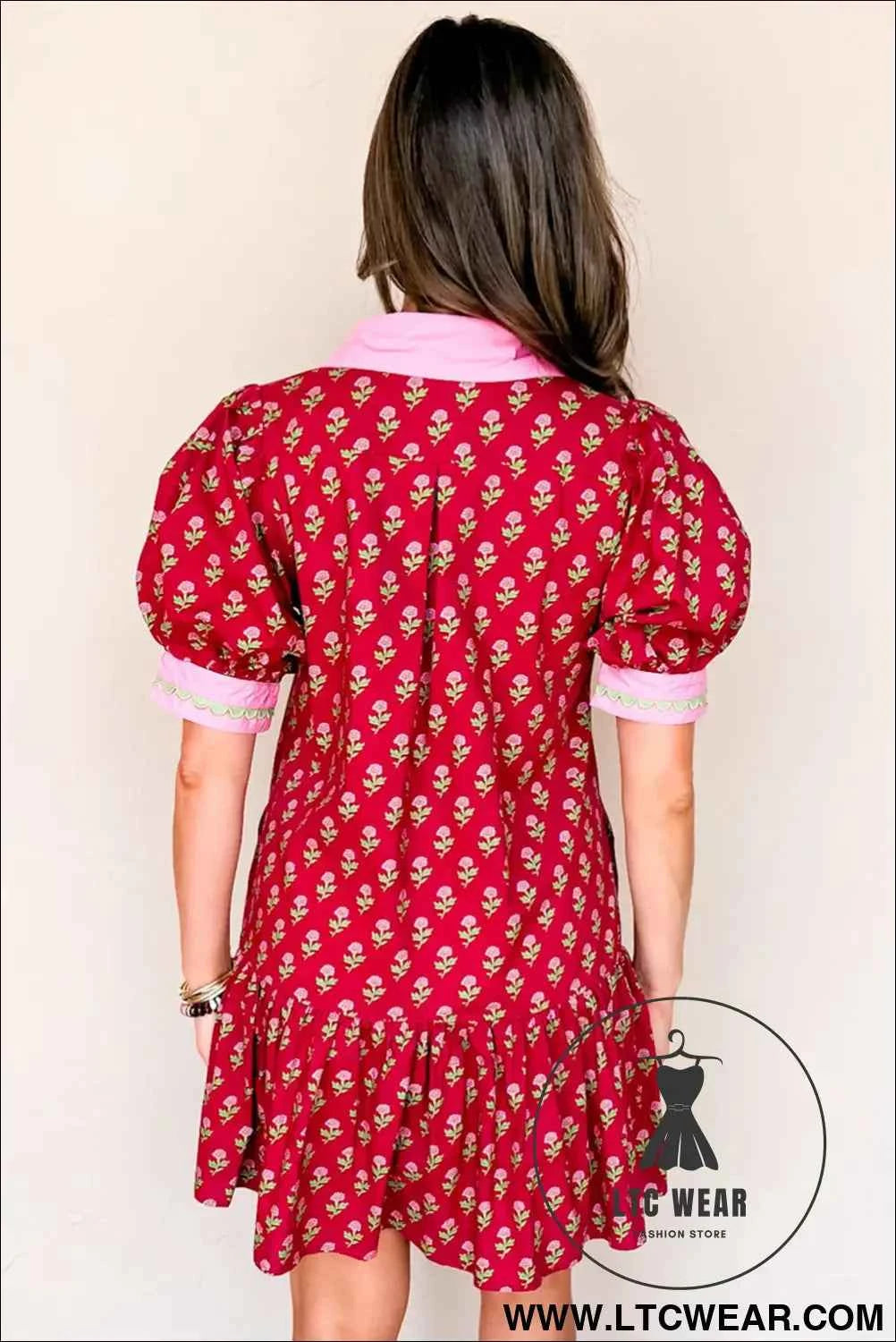 Red Floral Print Contrasted V Neck Short Bubble Sleeve Mini Dress
