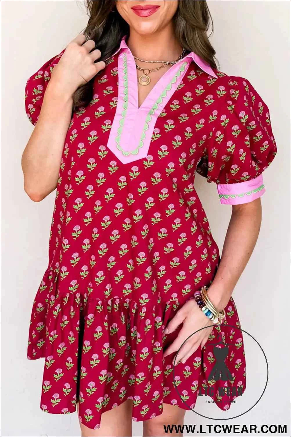Red Floral Print Contrasted V Neck Short Bubble Sleeve Mini Dress
