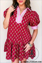 Red Floral Print Contrasted V Neck Short Bubble Sleeve Mini Dress