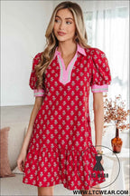 Red Floral Print Contrasted V Neck Short Bubble Sleeve Mini Dress