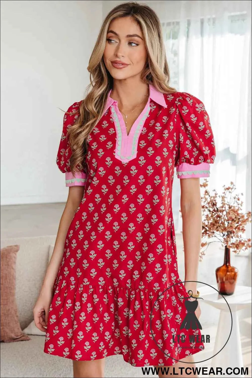 Red Floral Print Contrasted V Neck Short Bubble Sleeve Mini Dress