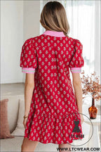 Red Floral Print Contrasted V Neck Short Bubble Sleeve Mini Dress
