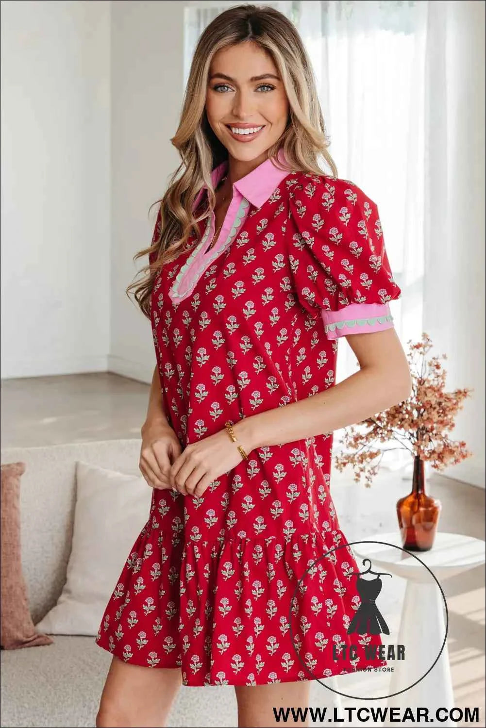 Red Floral Print Contrasted V Neck Short Bubble Sleeve Mini Dress