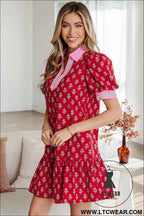 Red Floral Print Contrasted V Neck Short Bubble Sleeve Mini Dress
