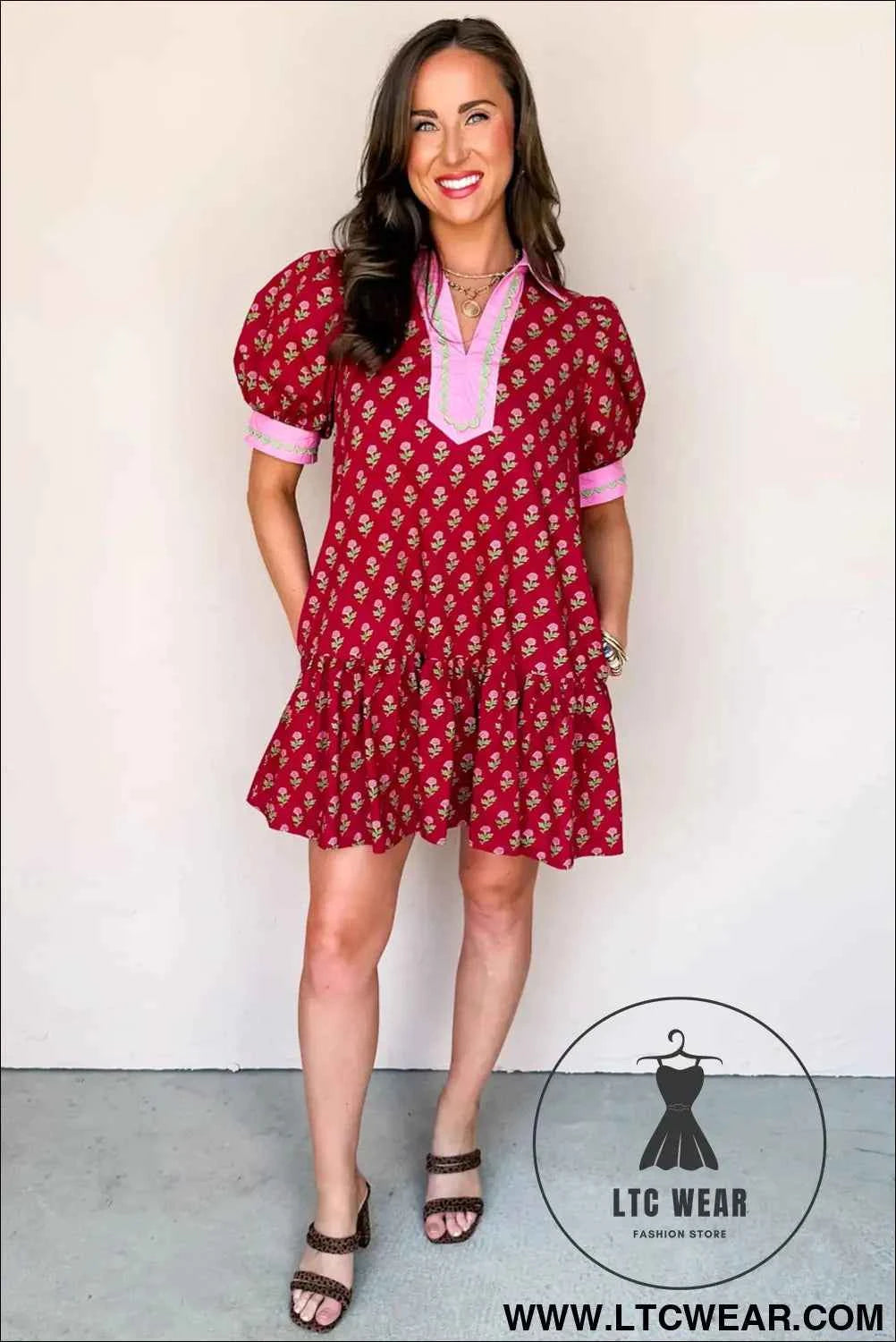 Red Floral Print Contrasted V Neck Short Bubble Sleeve Mini Dress