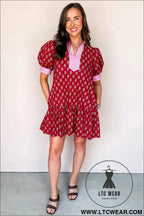 Red Floral Print Contrasted V Neck Short Bubble Sleeve Mini Dress
