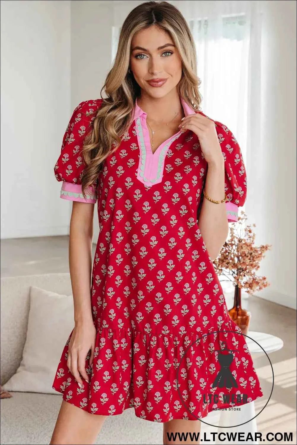Red Floral Print Contrasted V Neck Short Bubble Sleeve Mini Dress
