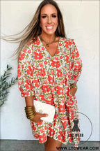 Red Floral Print Ricrac Trim V Neck 3/4 Sleeve Loose Mini Dress