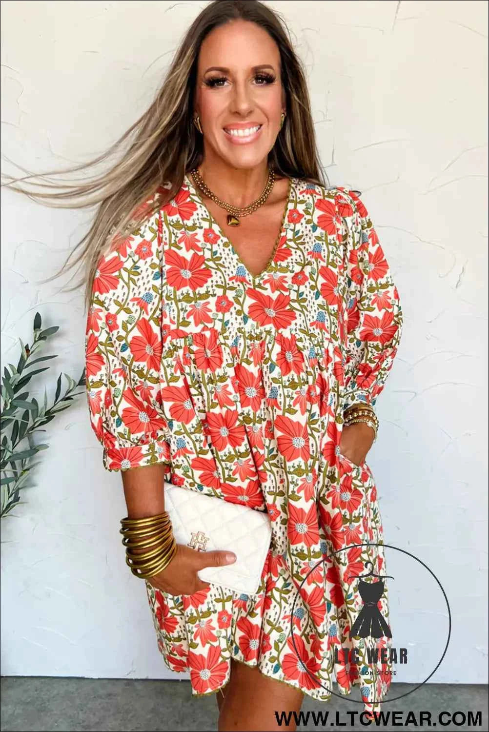 Red Floral Print Ricrac Trim V Neck 3/4 Sleeve Loose Mini Dress