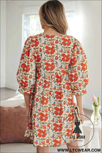 Red Floral Print Ricrac Trim V Neck 3/4 Sleeve Loose Mini Dress
