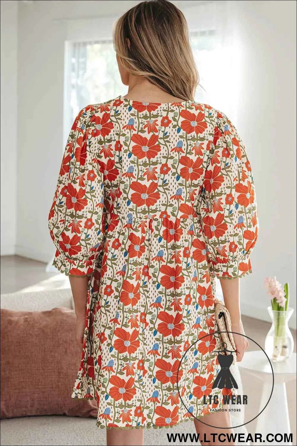 Red Floral Print Ricrac Trim V Neck 3/4 Sleeve Loose Mini Dress