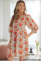 Red Floral Print Ricrac Trim V Neck 3/4 Sleeve Loose Mini Dress