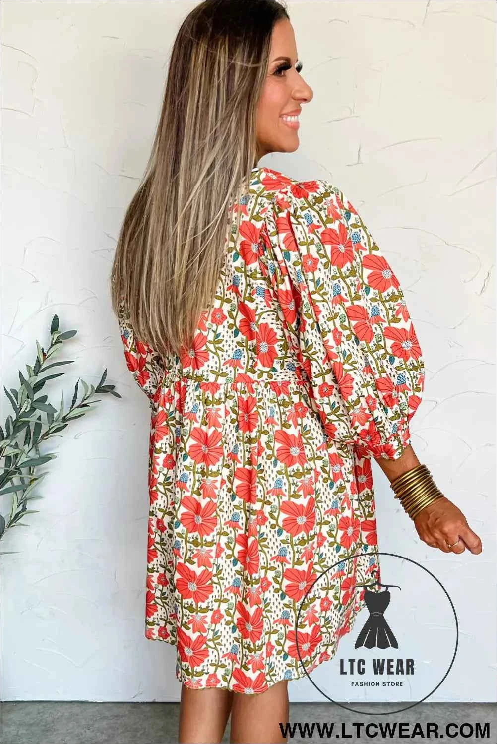 Red Floral Print Ricrac Trim V Neck 3/4 Sleeve Loose Mini Dress