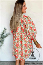 Red Floral Print Ricrac Trim V Neck 3/4 Sleeve Loose Mini Dress