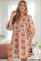 Red Floral Print Ricrac Trim V Neck 3/4 Sleeve Loose Mini Dress