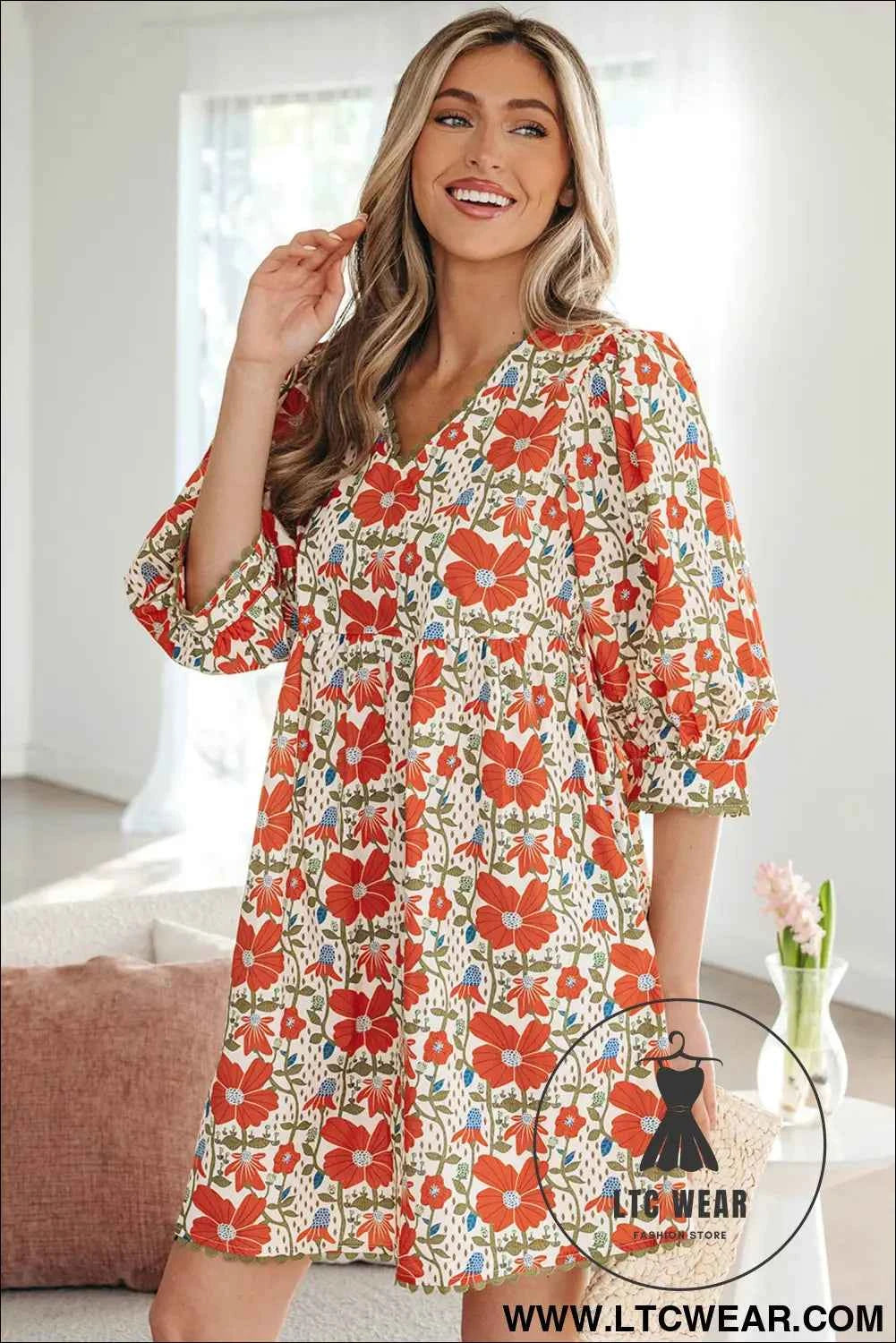 Red Floral Print Ricrac Trim V Neck 3/4 Sleeve Loose Mini Dress
