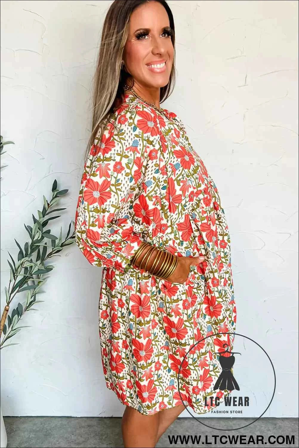 Red Floral Print Ricrac Trim V Neck 3/4 Sleeve Loose Mini Dress