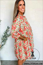 Red Floral Print Ricrac Trim V Neck 3/4 Sleeve Loose Mini Dress