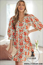 Red Floral Print Ricrac Trim V Neck 3/4 Sleeve Loose Mini Dress
