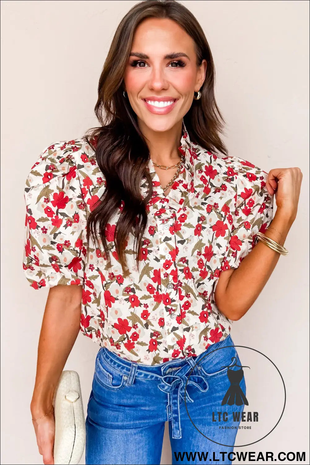 Red floral print short puff sleeve button front shirt - blouses & shirts