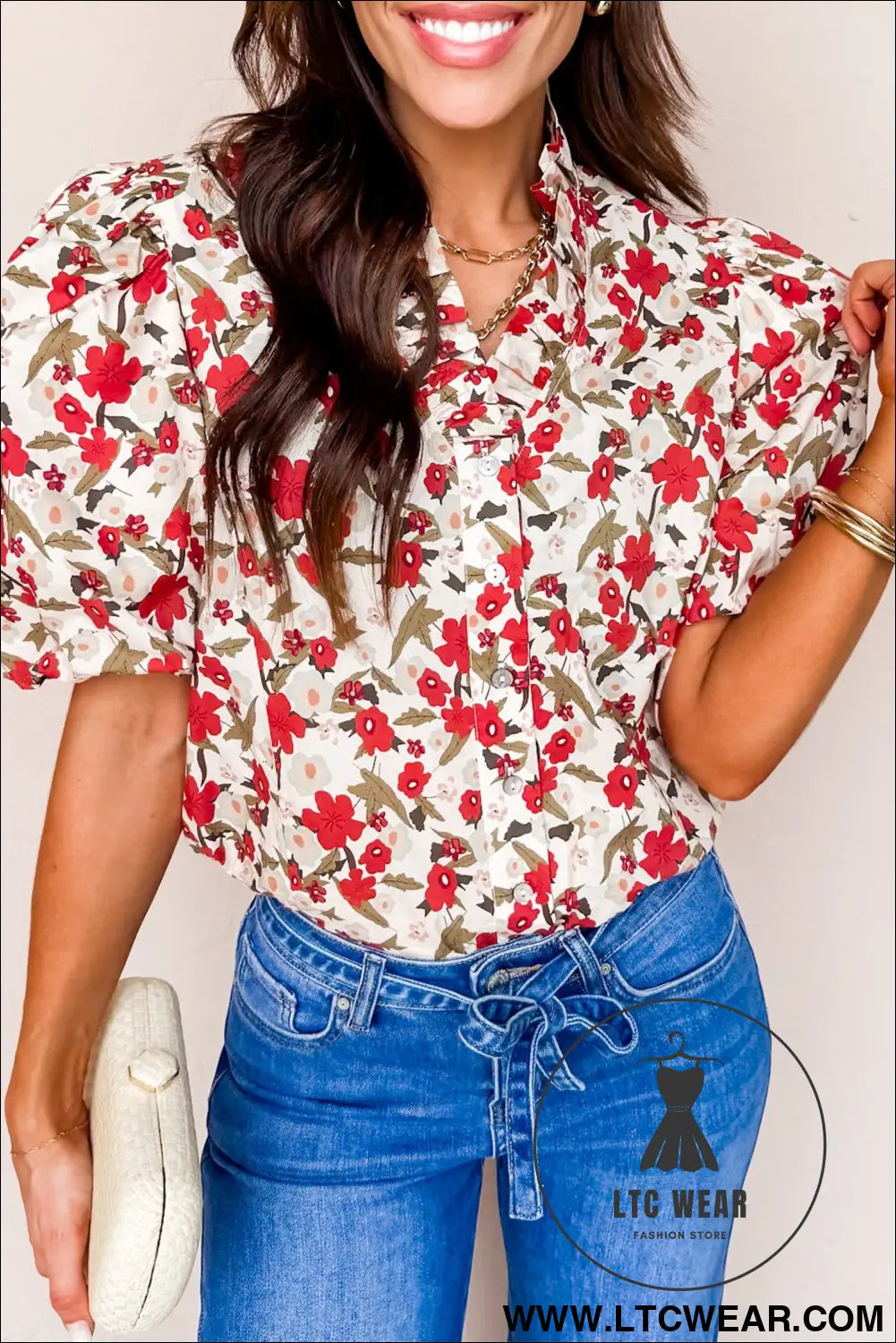 Red floral print short puff sleeve button front shirt - red / l / 55% cotton + 45% viscose - blouses & shirts