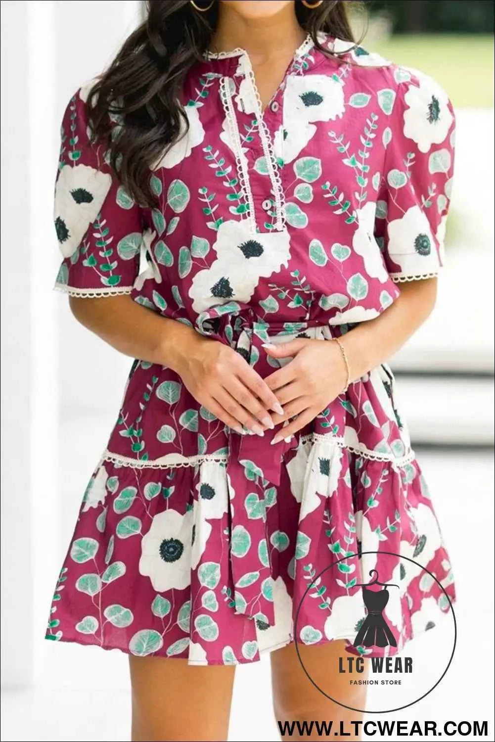 Red Floral Print Trimmed Short Puff Sleeve Mini Dress with Belt
